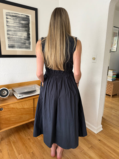 PINCH Bella Navy Shirred Cotton Sleeveless Midi Dress