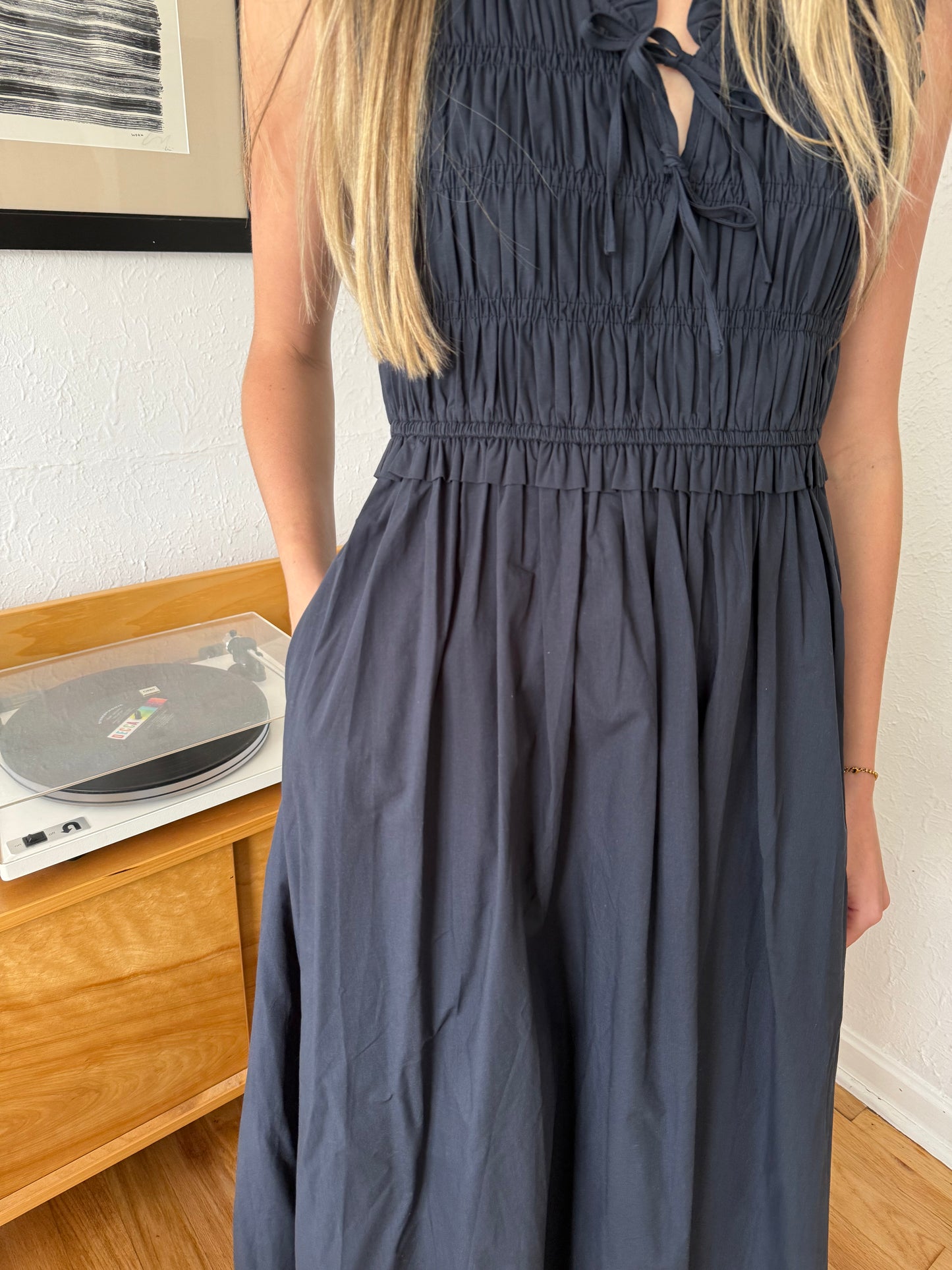 PINCH Bella Navy Shirred Cotton Sleeveless Midi Dress