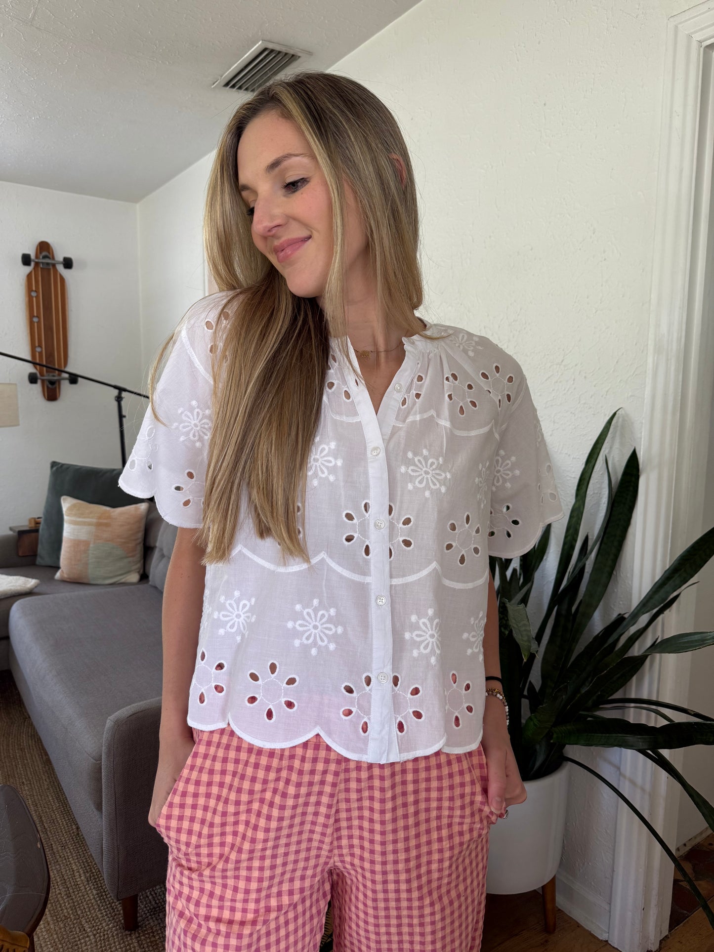 FRNCH Neda White Eyelet Buttoned Top