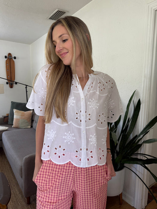 FRNCH Neda White Eyelet Buttoned Top