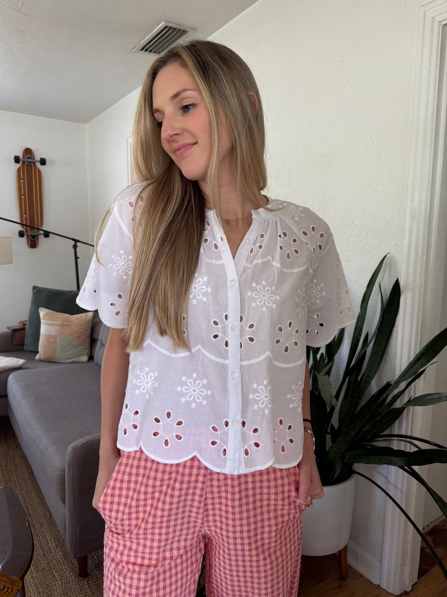FRNCH Neda White Eyelet Buttoned Top