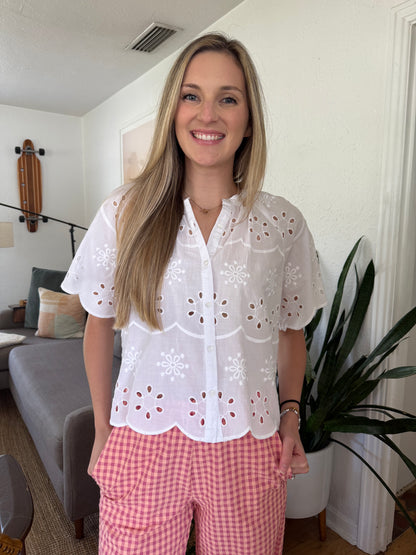 FRNCH Neda White Eyelet Buttoned Top