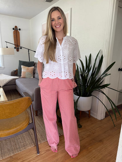 FRNCH Ismery Pink Gingham Straight Leg Cotton Pants