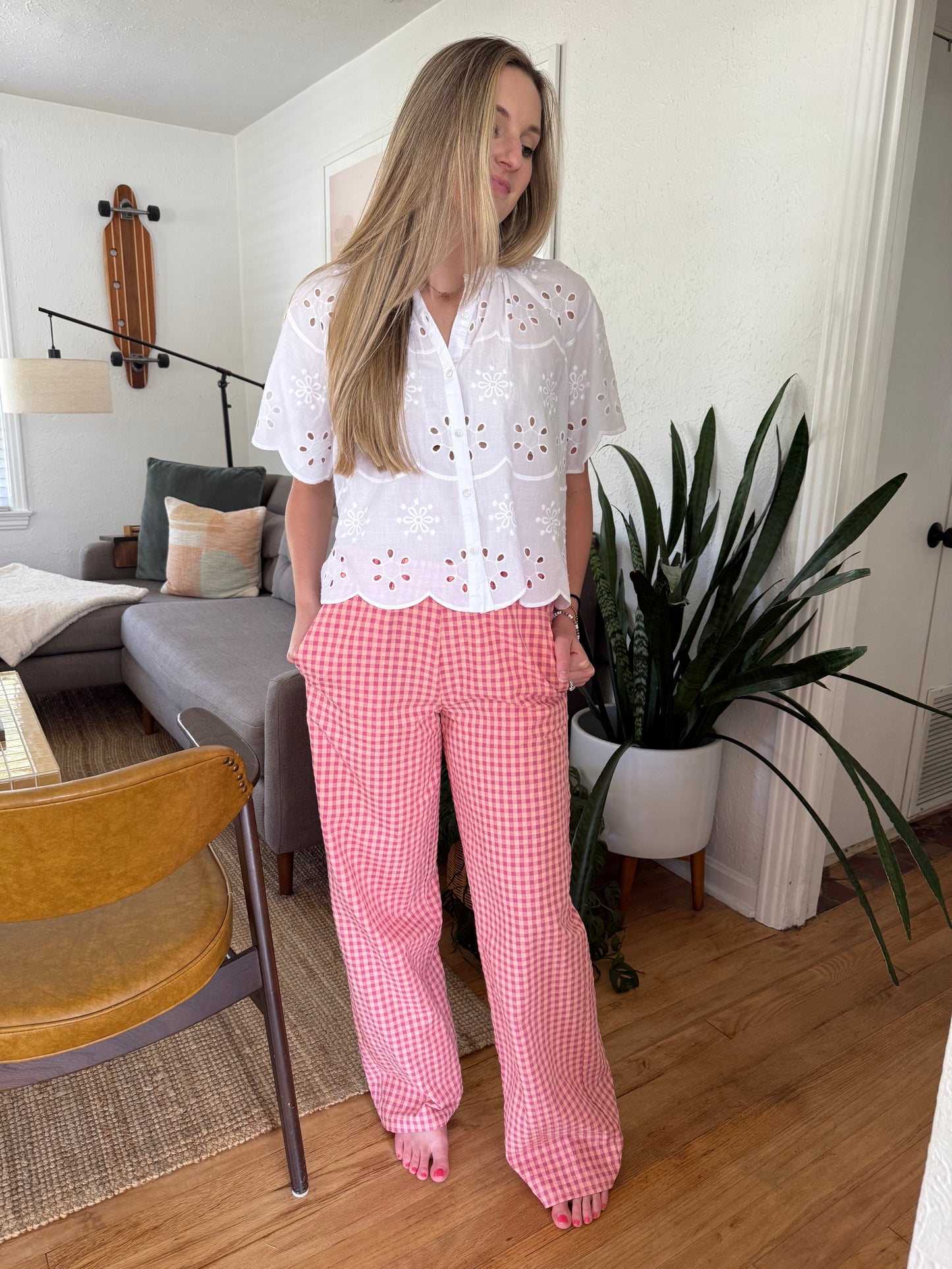 FRNCH Ismery Pink Gingham Straight Leg Cotton Pants