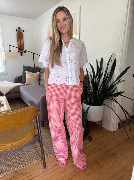 FRNCH Ismery Pink Gingham Straight Leg Cotton Pants