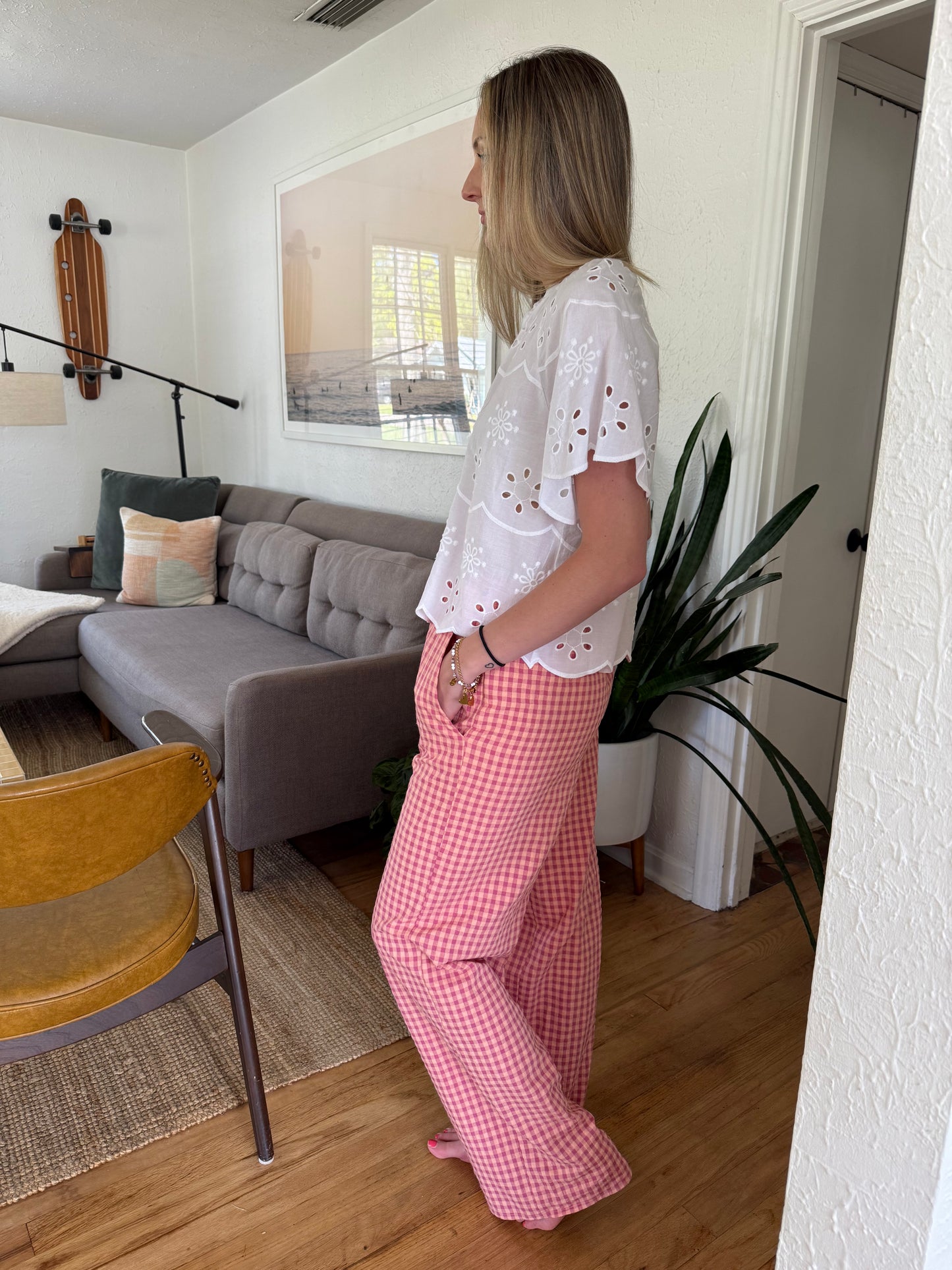 FRNCH Ismery Pink Gingham Straight Leg Cotton Pants