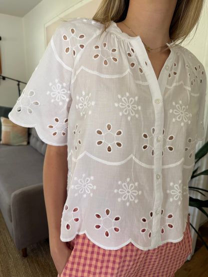 FRNCH Neda White Eyelet Buttoned Top