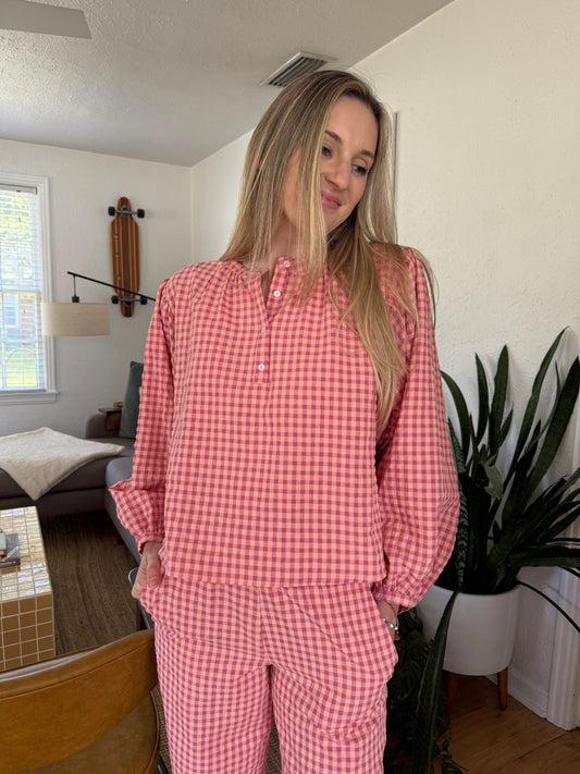 FRNCH Ismery Pink Gingham Cotton Buttoned Top