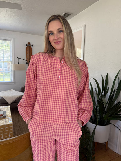 FRNCH Ismery Pink Gingham Cotton Buttoned Top