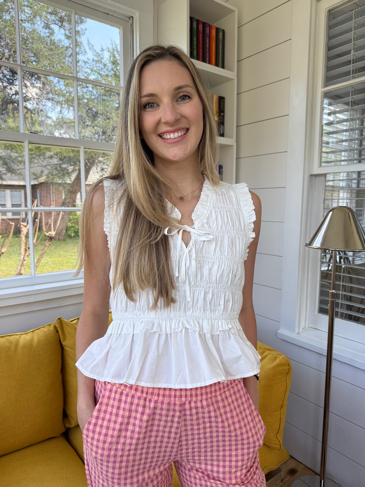 PINCH Bella White Shirred Cotton Sleeveless Top