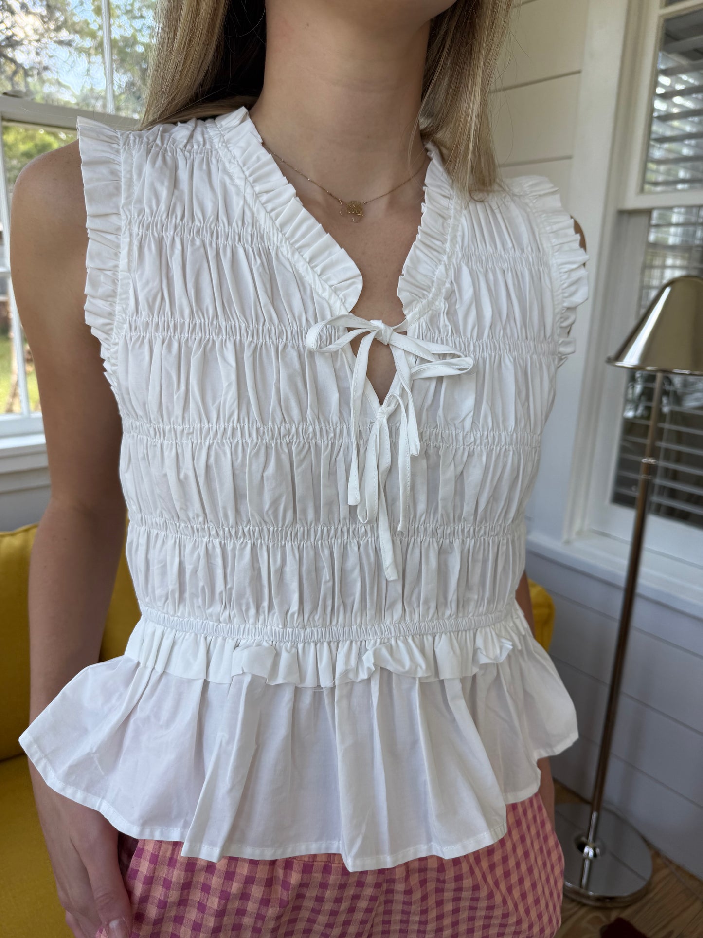 PINCH Bella White Shirred Cotton Sleeveless Top