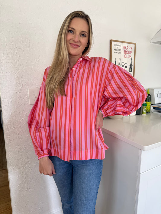 FRNCH Aelia Pink Stripe Long Sleeve Buttoned Top
