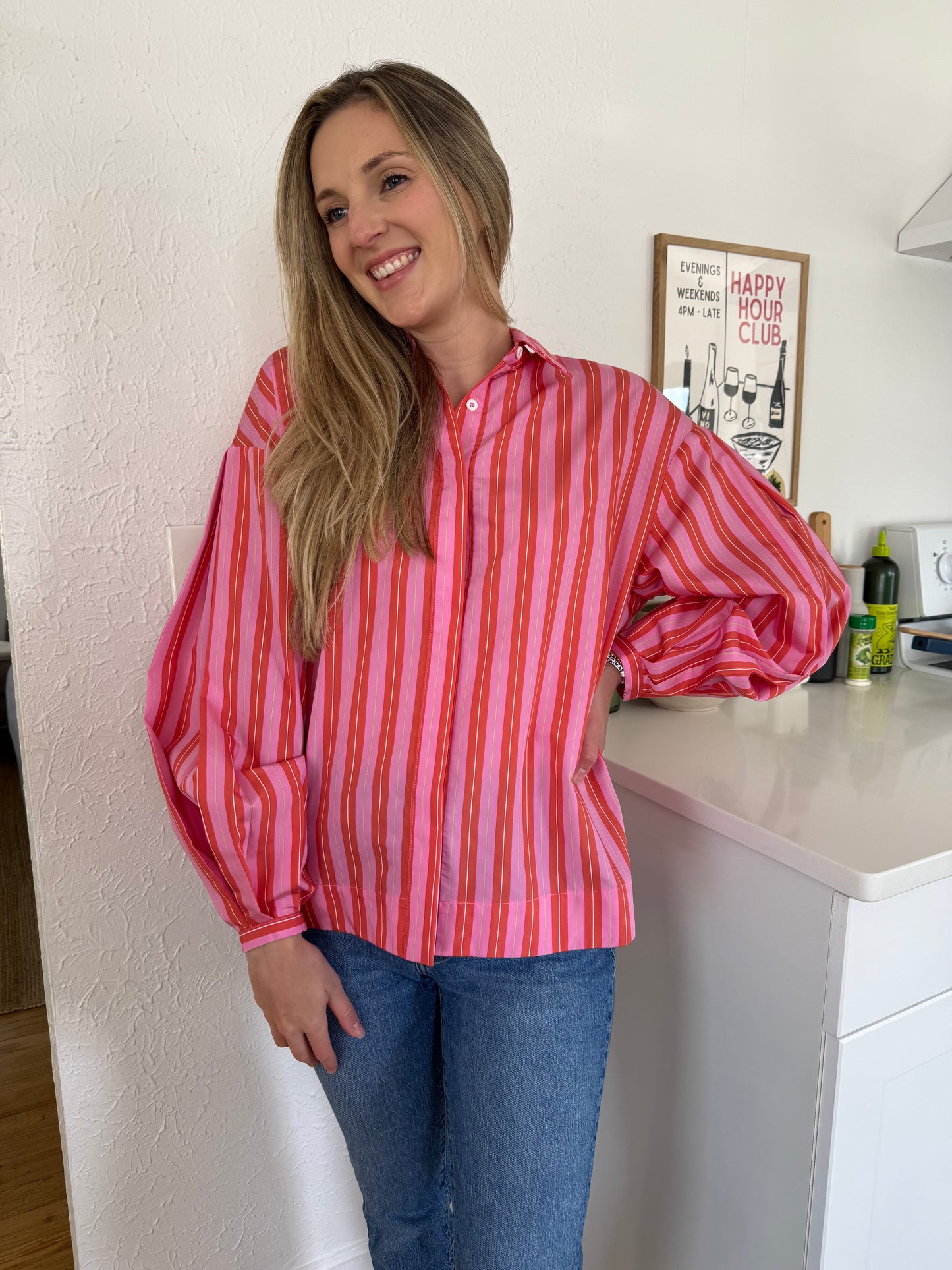 FRNCH Aelia Pink Stripe Long Sleeve Buttoned Top