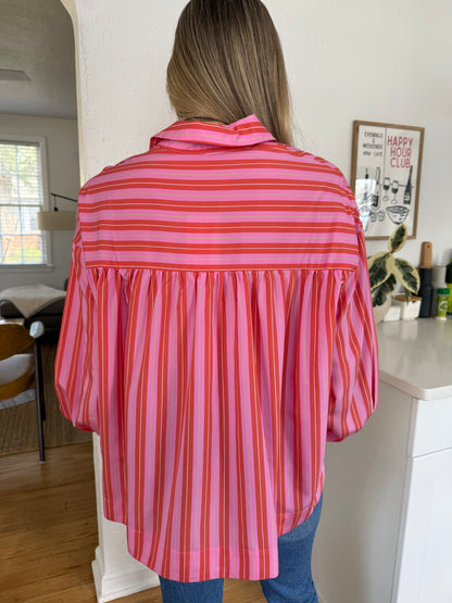 FRNCH Aelia Pink Stripe Long Sleeve Buttoned Top