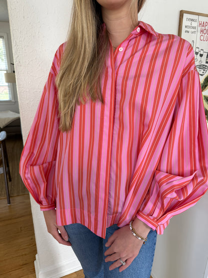 FRNCH Aelia Pink Stripe Long Sleeve Buttoned Top
