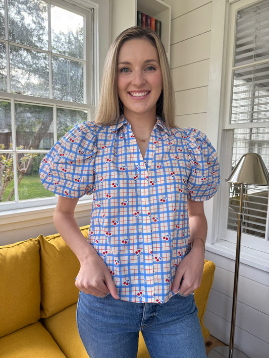 PINCH Alex Cherry Blue Stripe Pattern Puff Sleeve Top