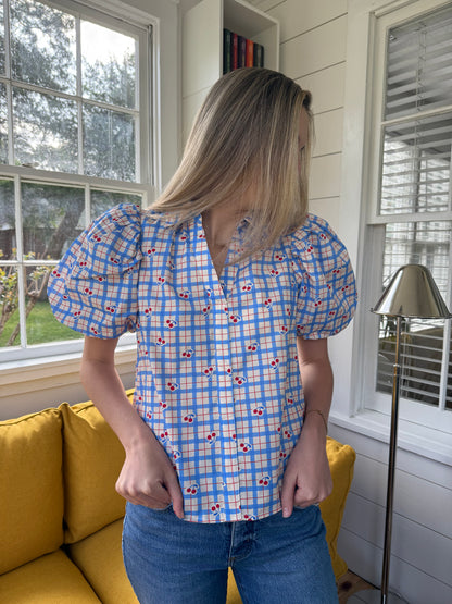 PINCH Alex Cherry Blue Stripe Pattern Puff Sleeve Top