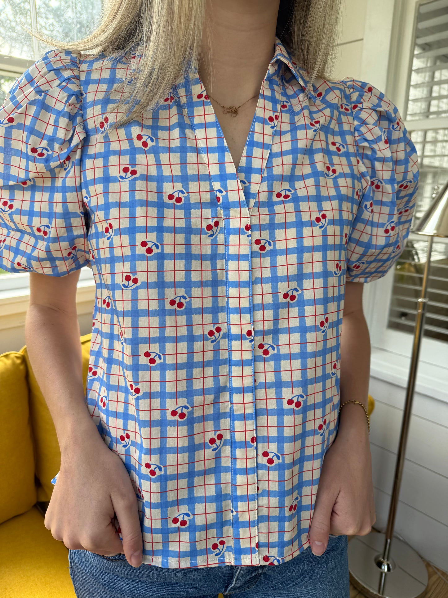 PINCH Alex Cherry Blue Stripe Pattern Puff Sleeve Top