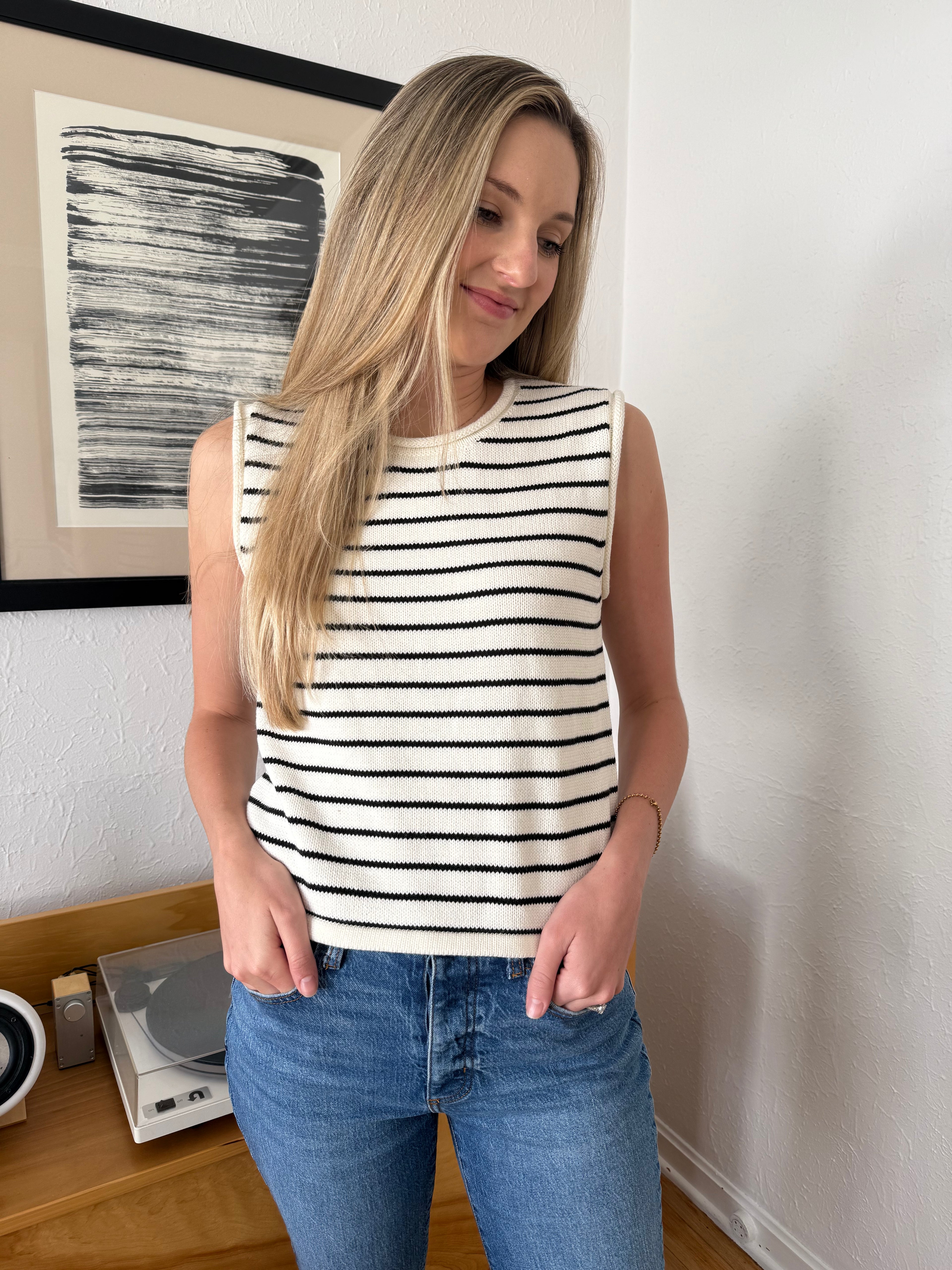 Bianca White Striped Knit Sleeveless Top