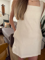 Miou Muse Serena Linen Square Neck Mini Dress (Natural)