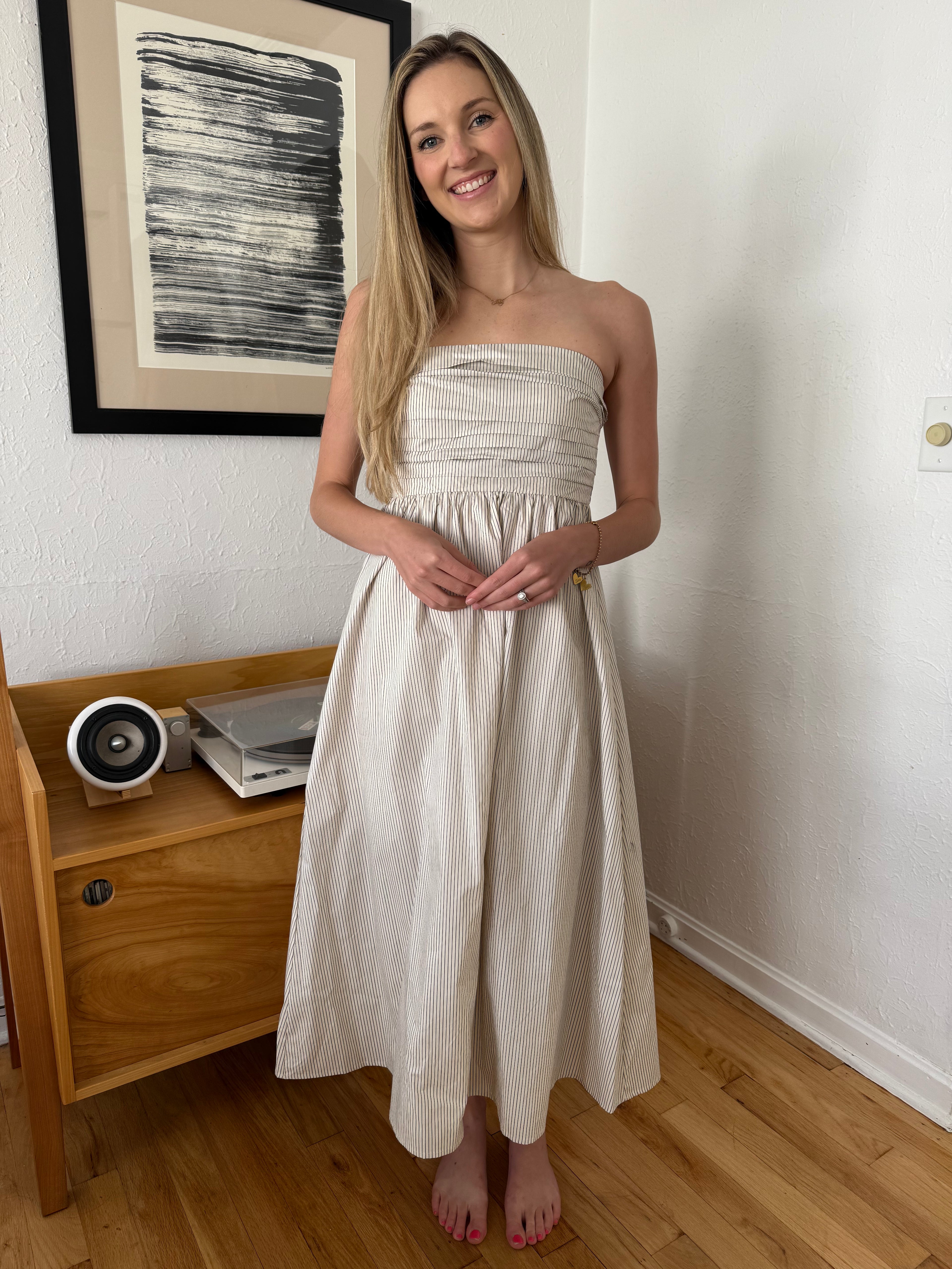 Needii Ophelia Ruched Strapless Midi Dress (Cream Stripe)