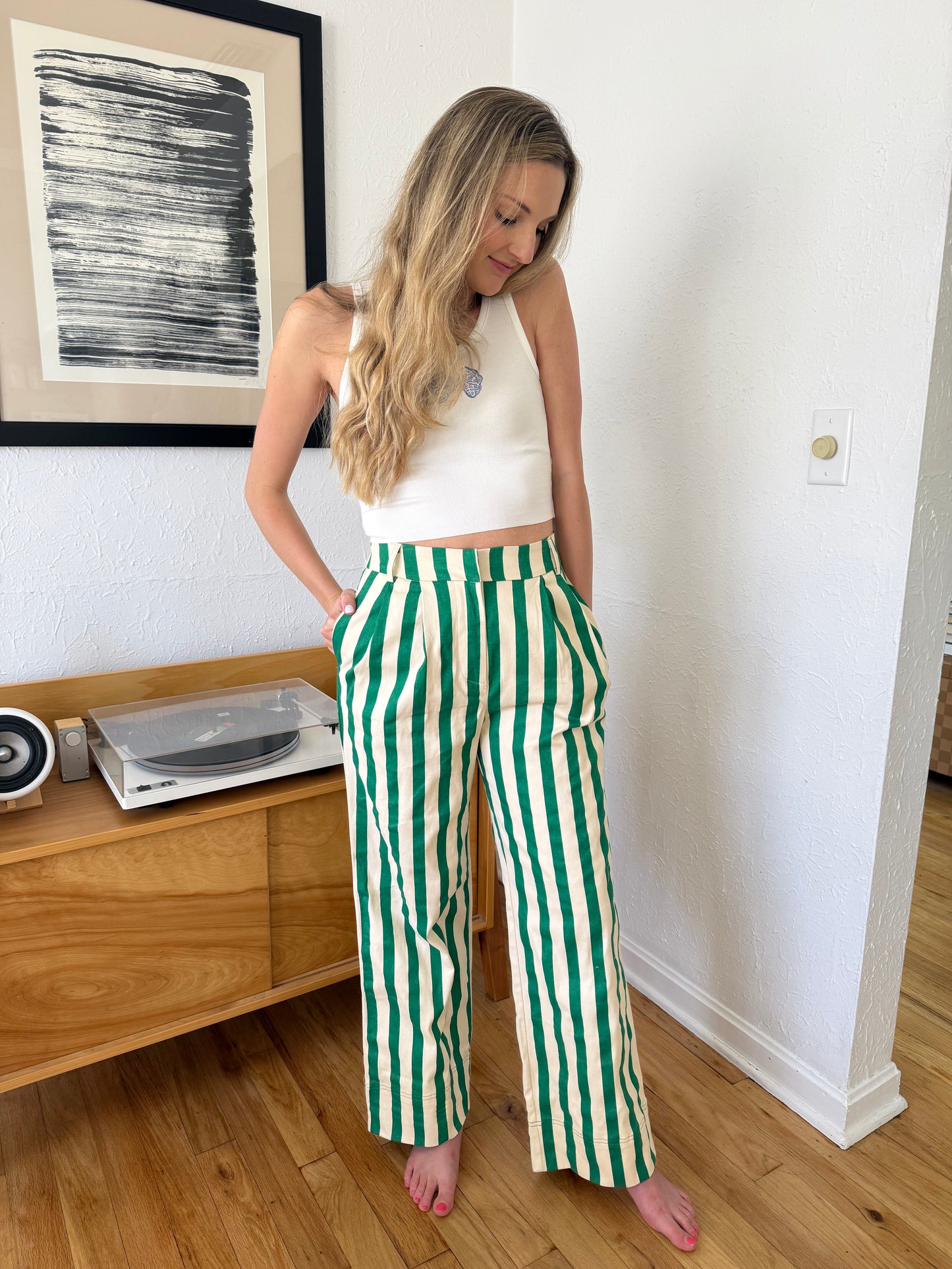 Aureum Bree Green Striped Wide Leg Pants