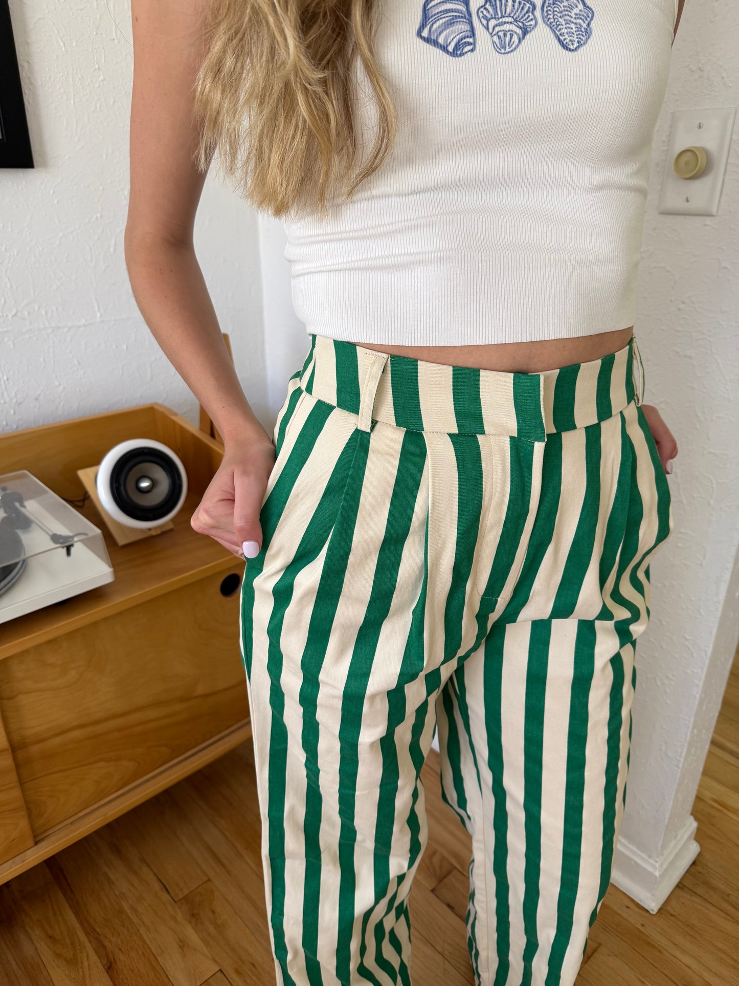 Aureum Bree Green Striped Wide Leg Pants