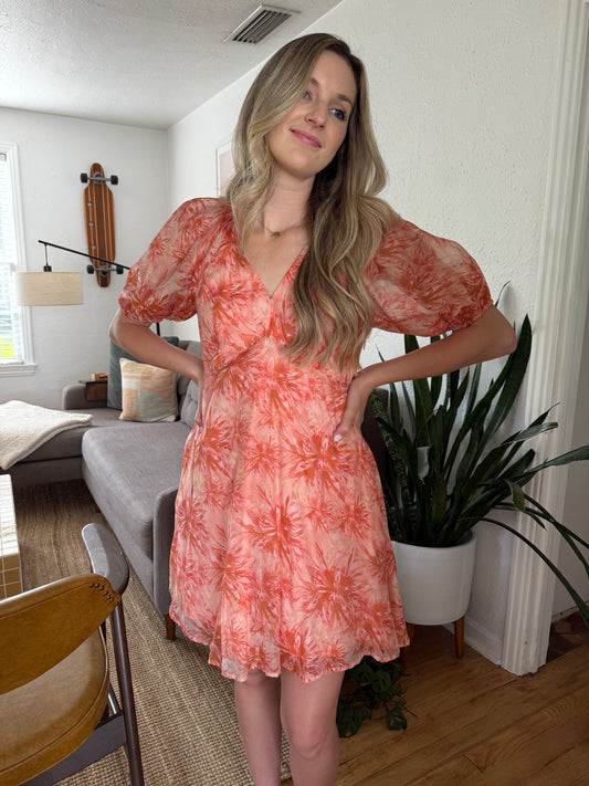 Lucy Paris Azalea Coral Chiffon Floral Print Mini Dress