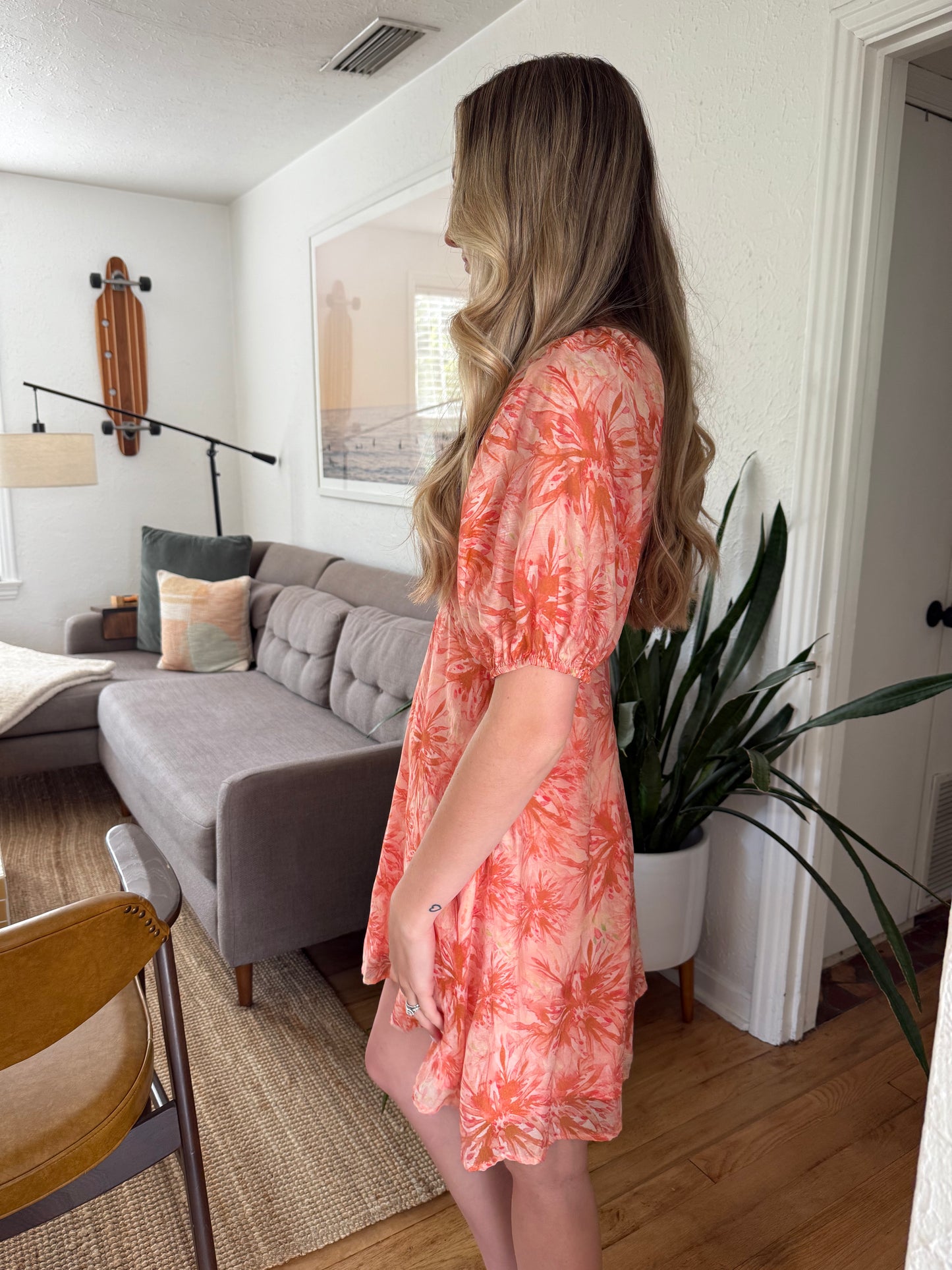 Lucy Paris Azalea Coral Chiffon Floral Print Mini Dress