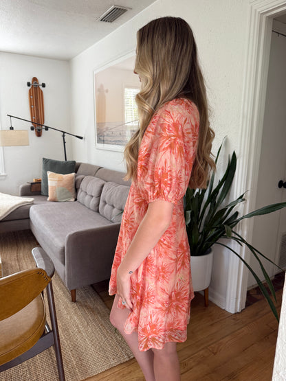 Lucy Paris Azalea Coral Chiffon Floral Print Mini Dress