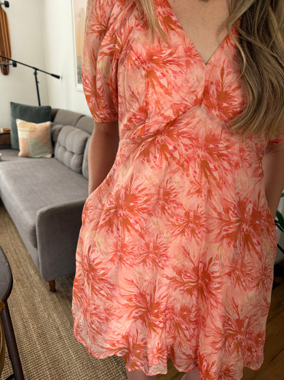Lucy Paris Azalea Coral Chiffon Floral Print Mini Dress