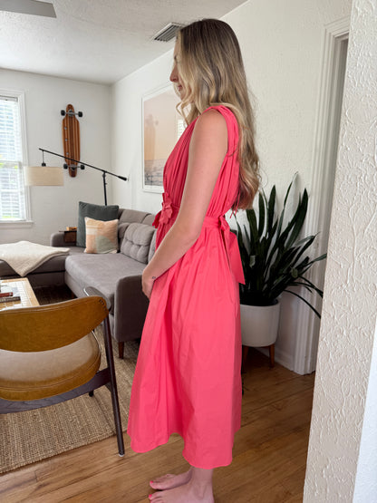 Lucy Paris Ilona Coral Floral Belted Midi Dress