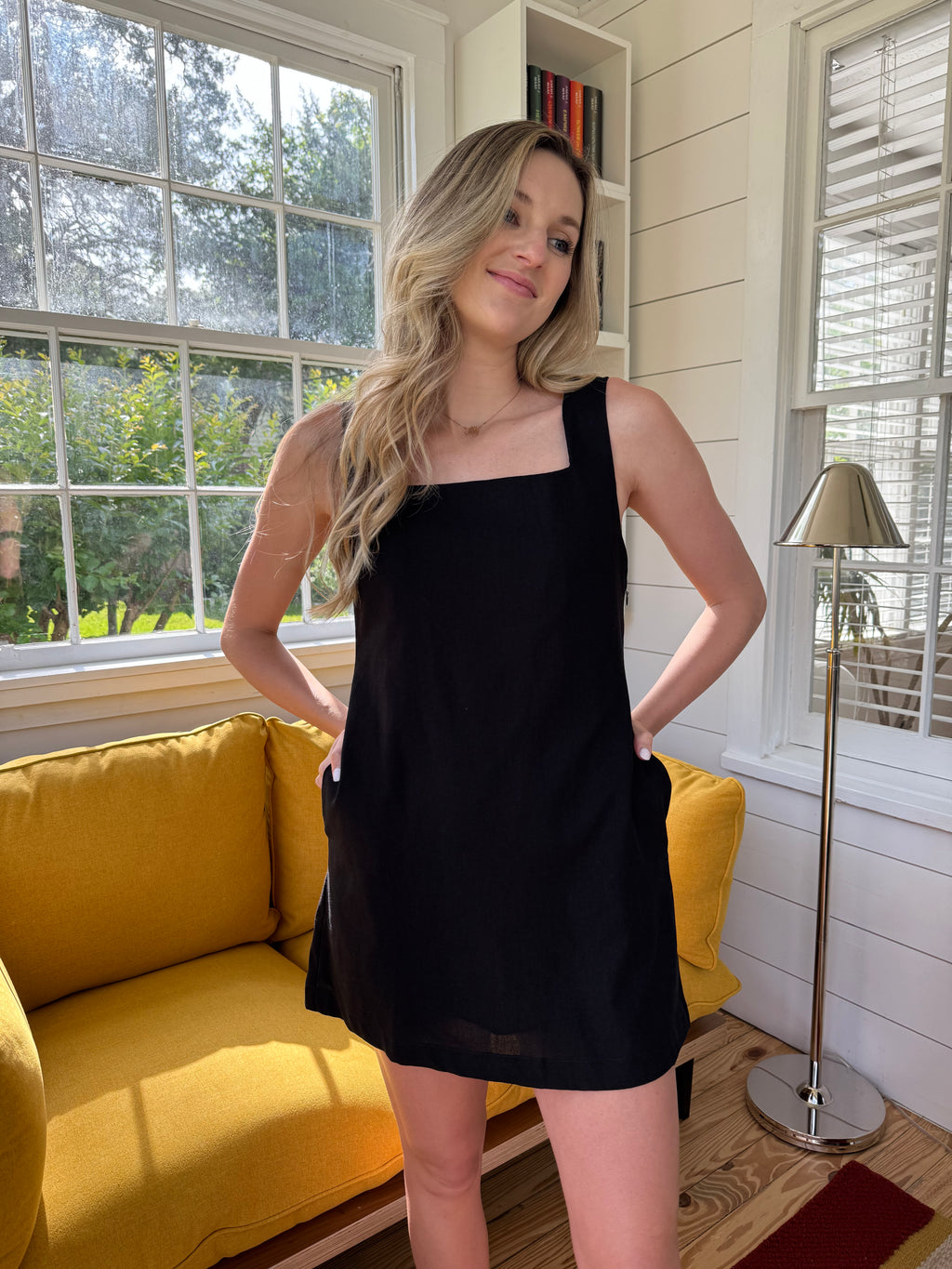 Miou Muse Serena Linen Square Neck Mini Dress (Black)