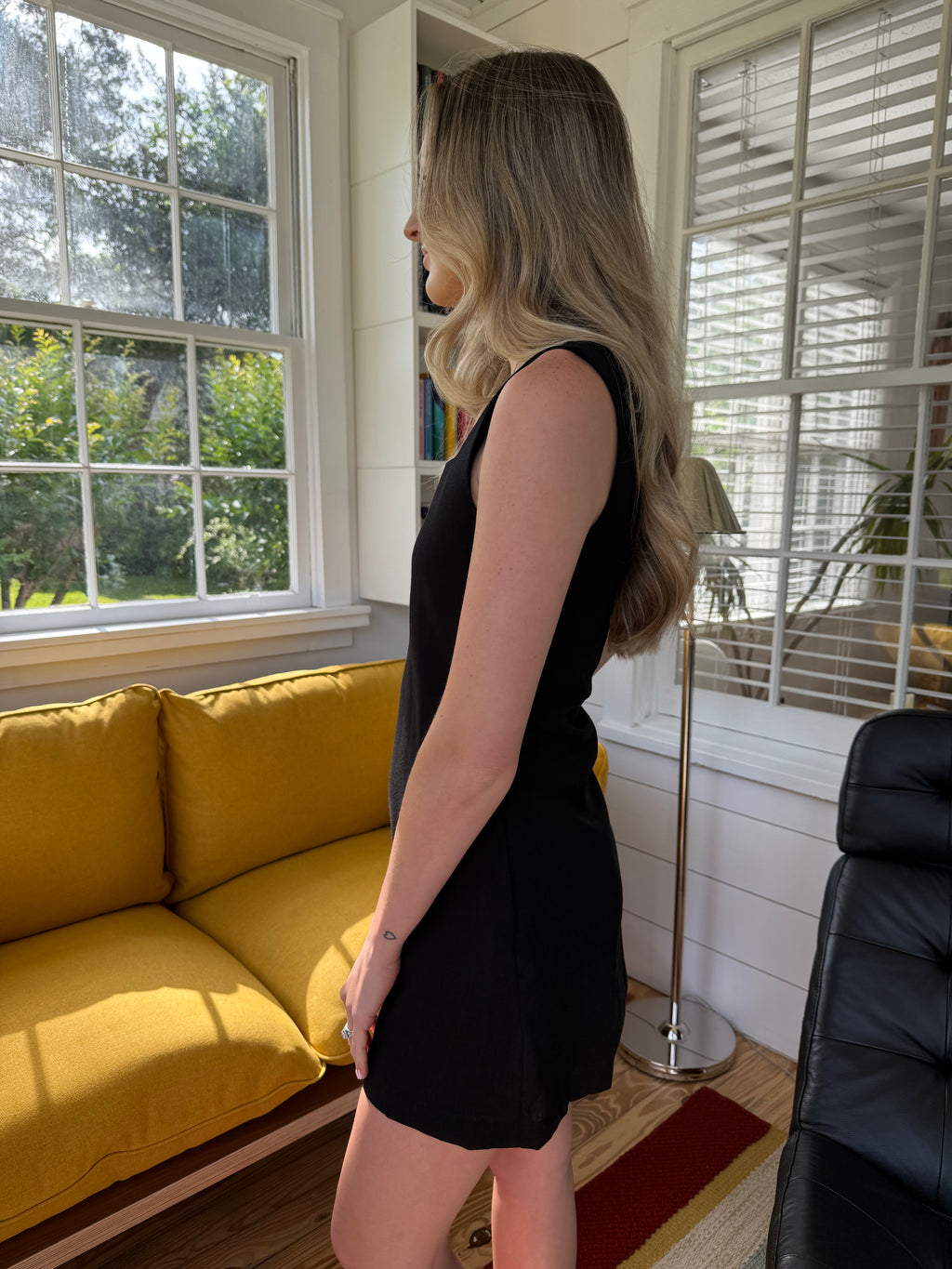 Miou Muse Serena Linen Square Neck Mini Dress (Black)