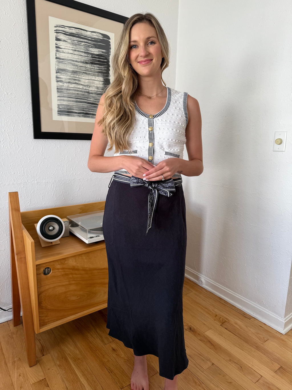 Current Air Cora Scarf Belted Cotton Midi Skirt (Navy)