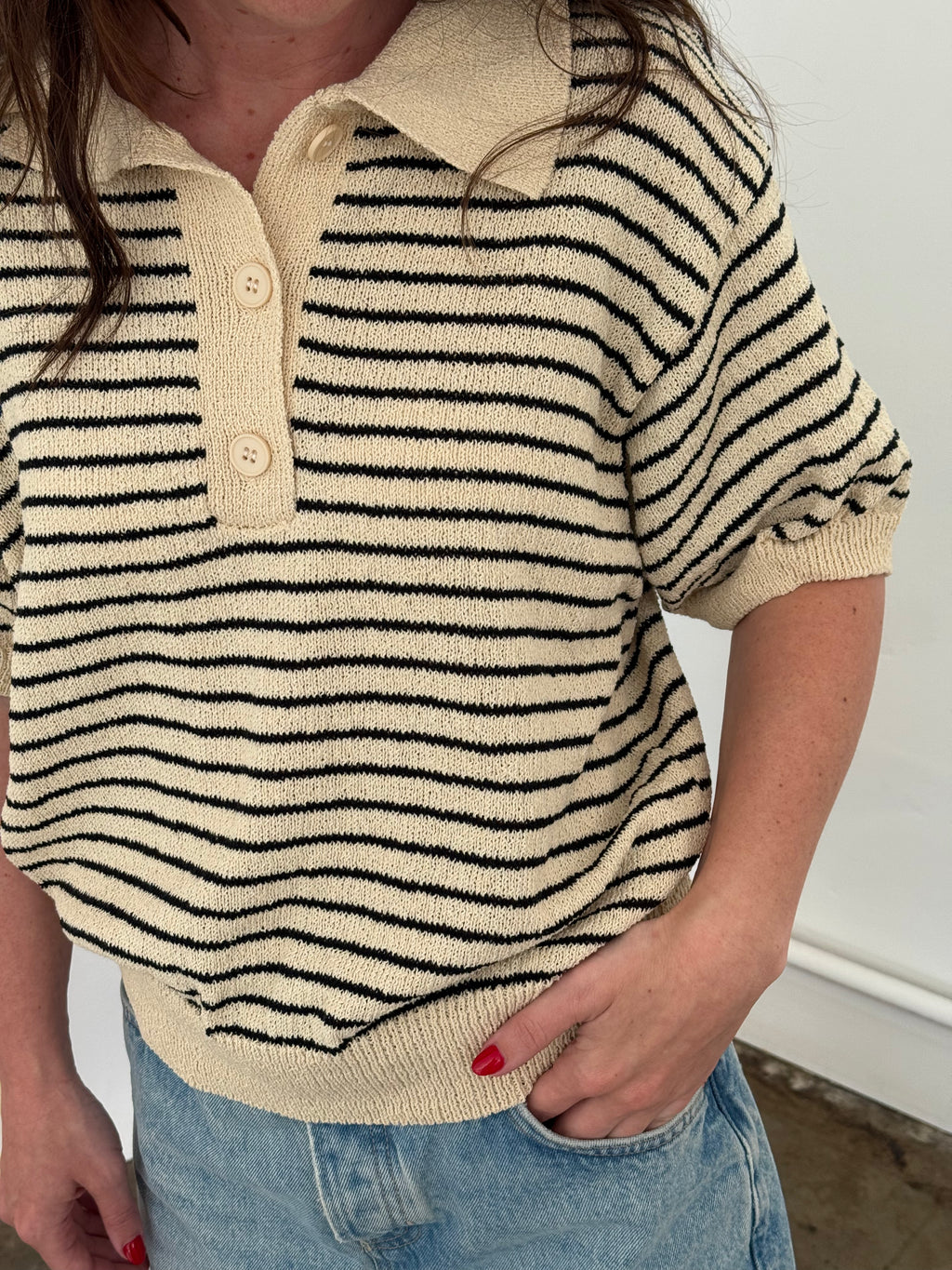 Miou Muse Demi Black Striped Knit Collared Top