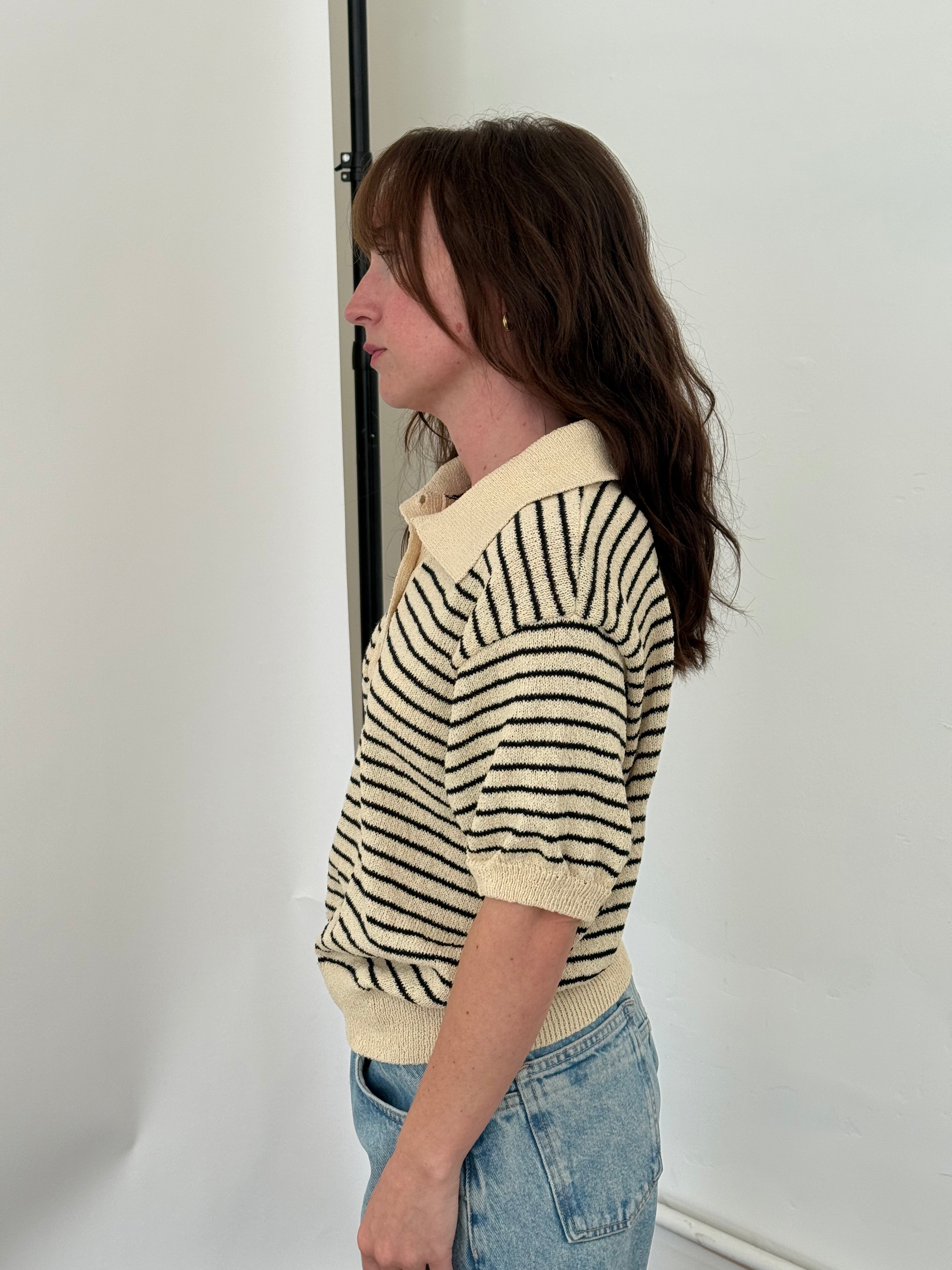 Miou Muse Demi Black Striped Knit Collared Top