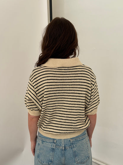 Miou Muse Demi Black Striped Knit Collared Top