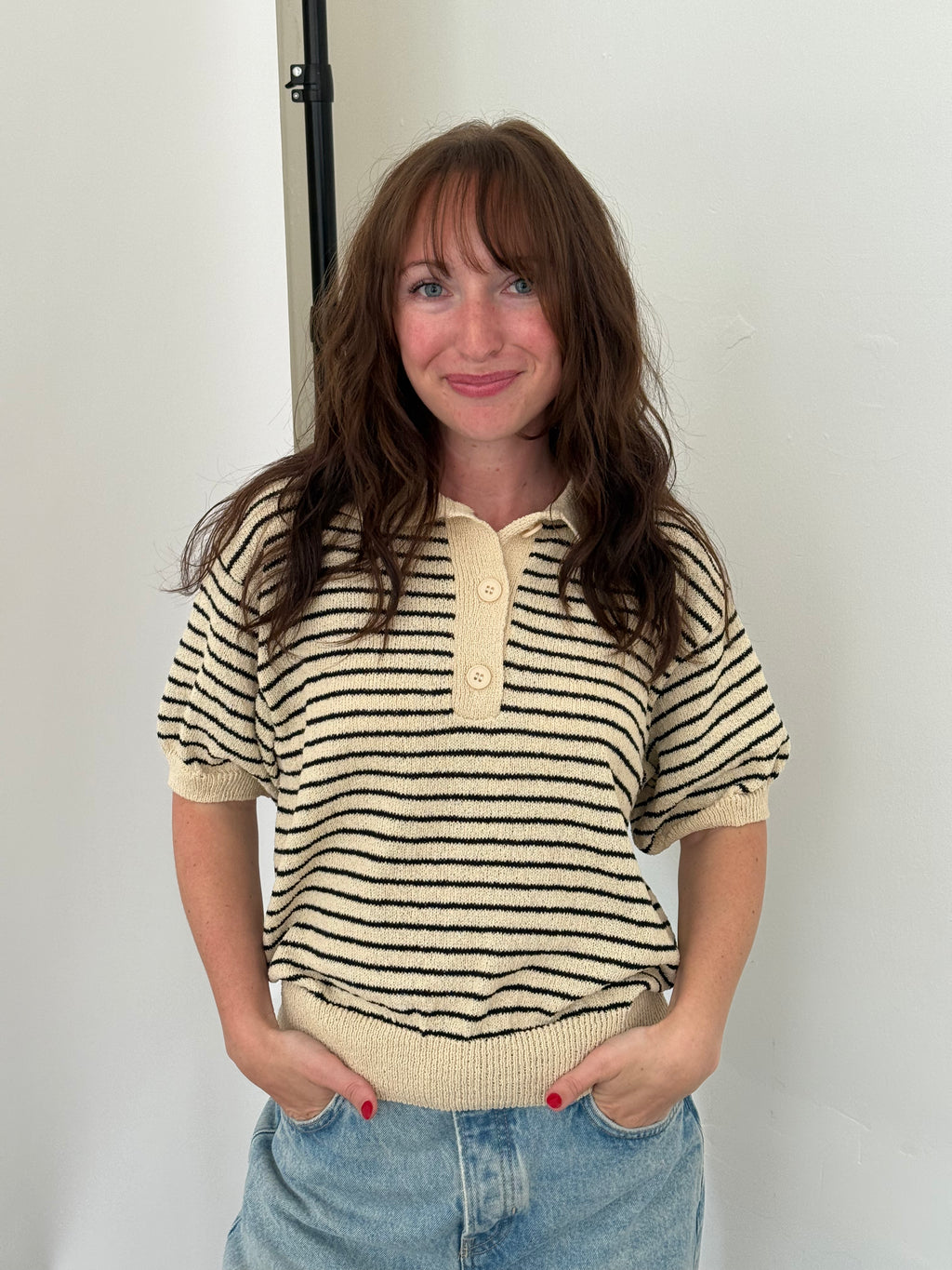 Miou Muse Demi Black Striped Knit Collared Top