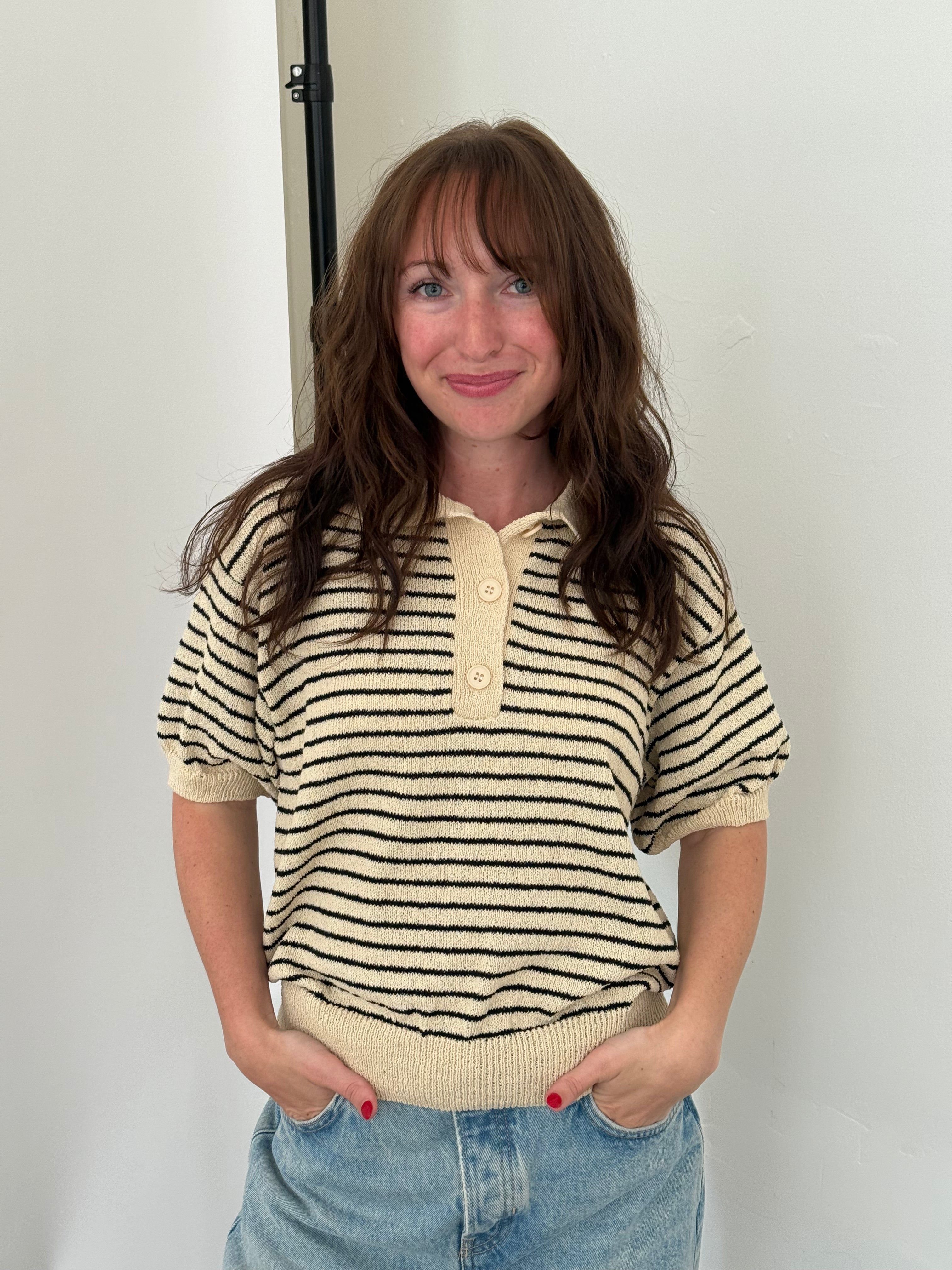 Miou Muse Demi Black Striped Knit Collared Top