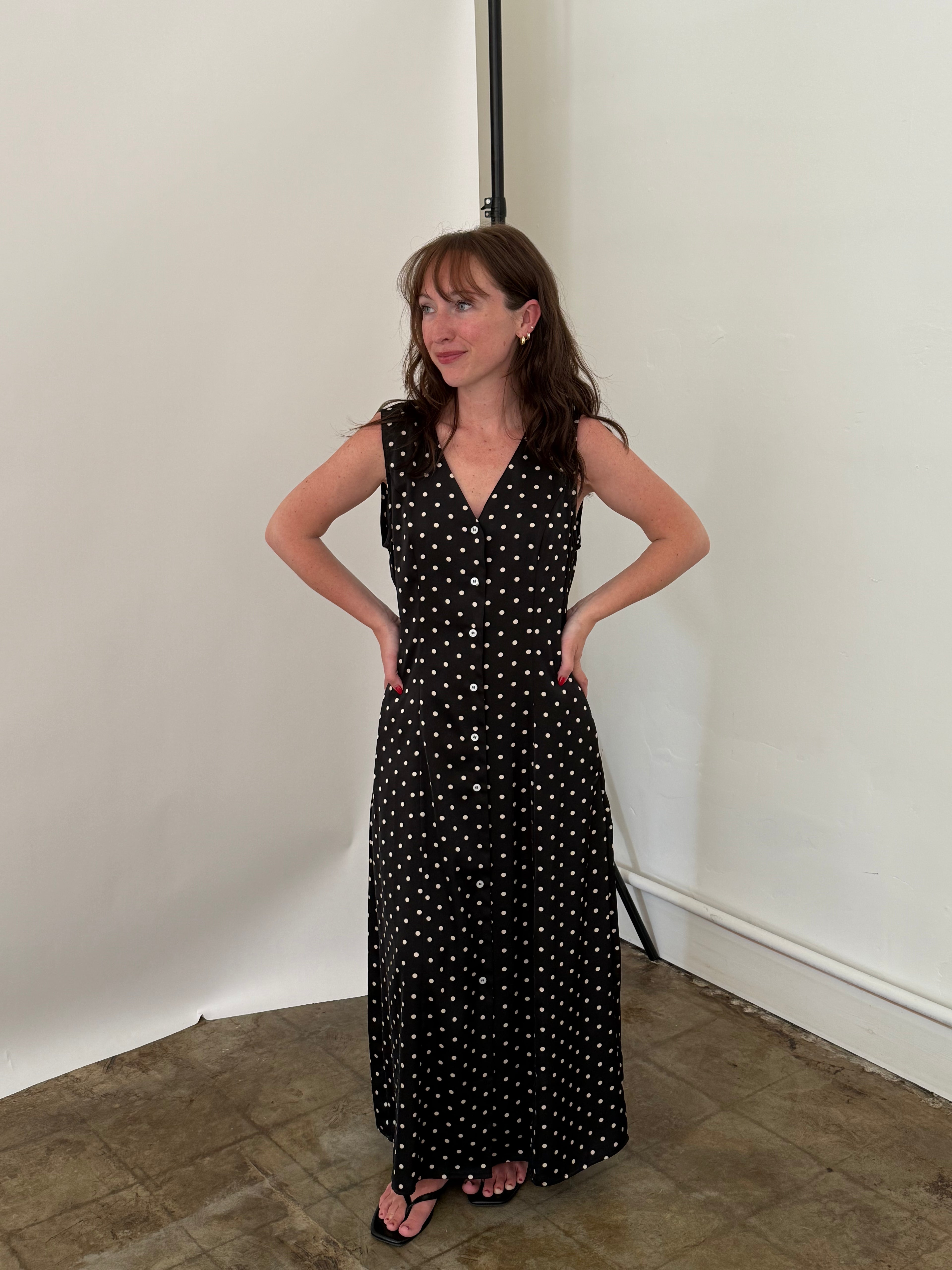 Things Between Daphne Black Polka Dot Sleeveless Maxi Dress