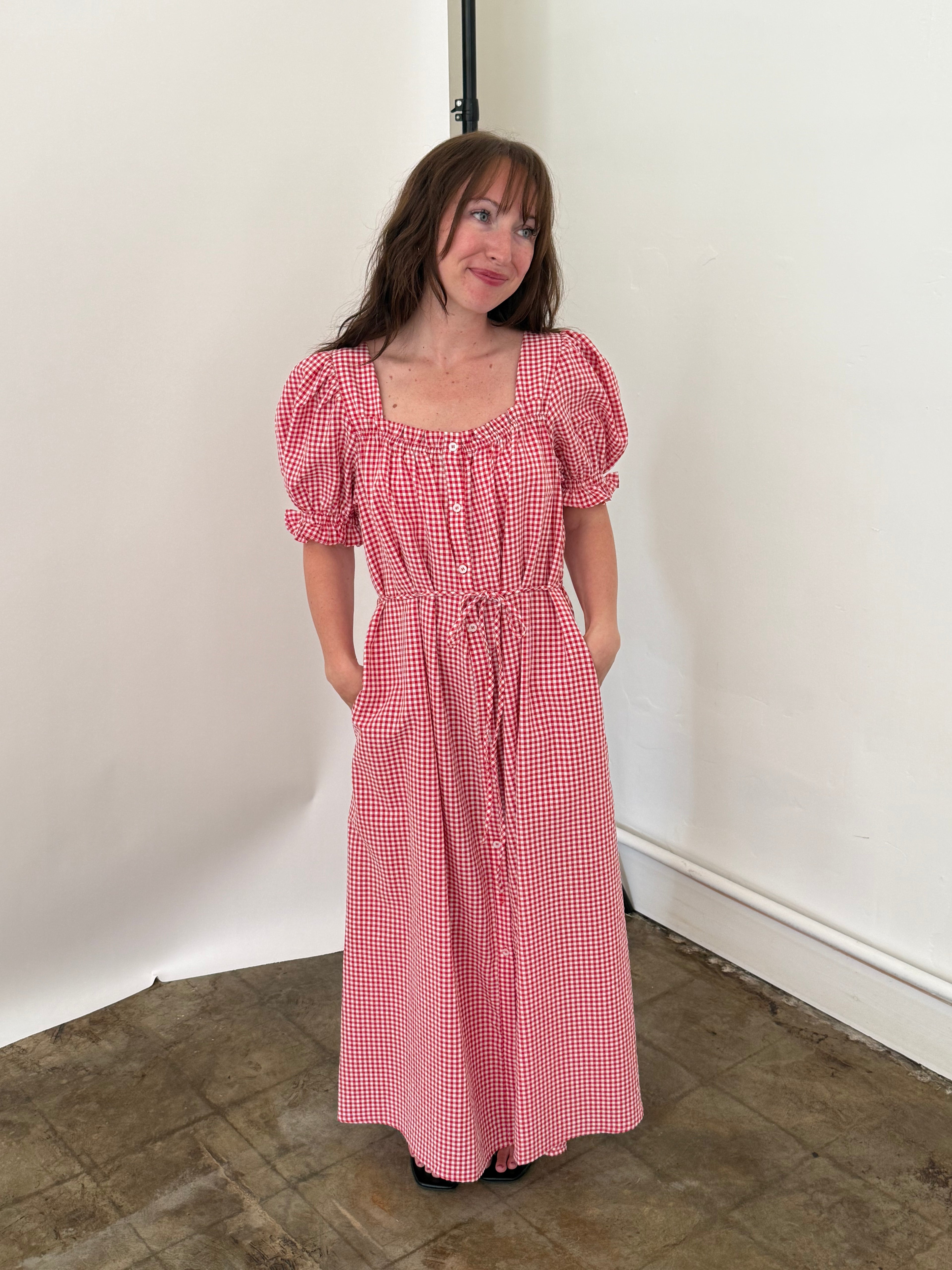 Things Between Della Red Gingham Puff Sleeve Maxi Dress