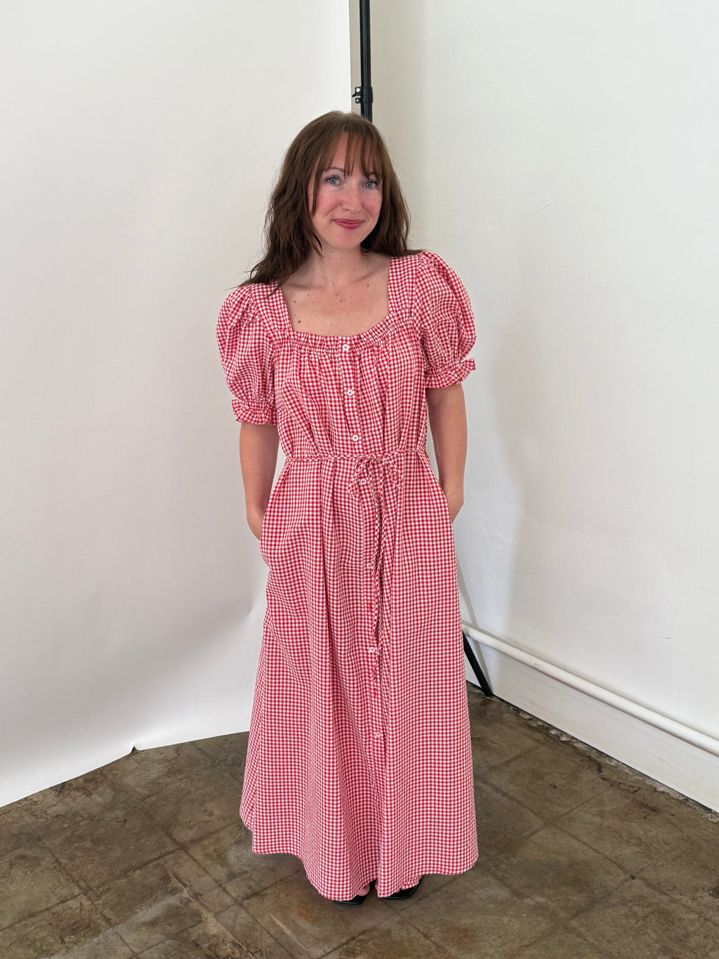 Things Between Della Red Gingham Puff Sleeve Maxi Dress