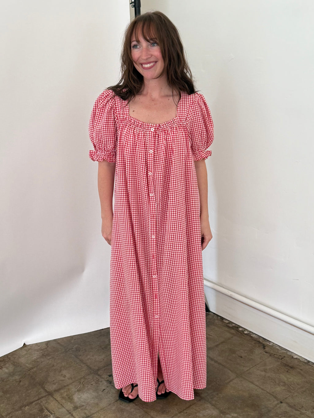 Things Between Della Red Gingham Puff Sleeve Maxi Dress