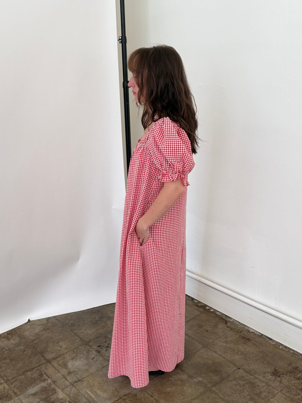 Things Between Della Red Gingham Puff Sleeve Maxi Dress