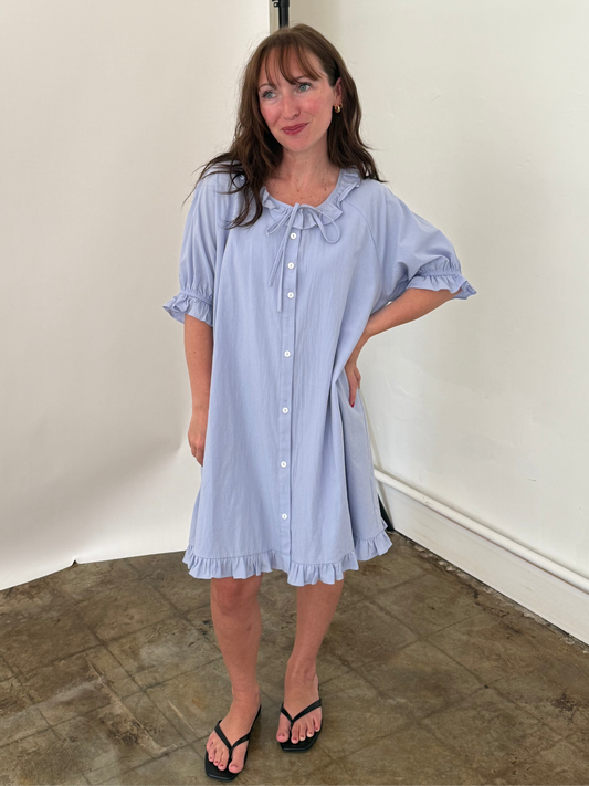 Things Between Dorothy Baby Blue Ruffle Button Mini Dress
