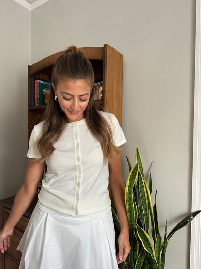 Ruth Ivory Knit Button Short Sleeve Top