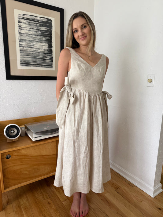 Sofie the Label Ellis Natural Linen Bow Waist Midi Dress