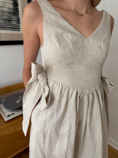 Sofie the Label Ellis Natural Linen Bow Waist Midi Dress