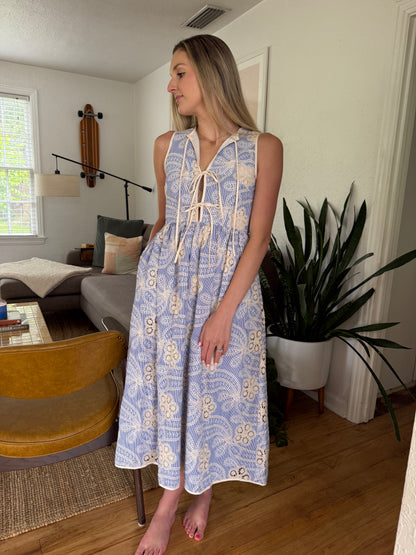 Aureum Eden Blue Stripe Embroidered Sleeveless Midi Dress